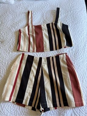 Striped Two-Piece Crop Top and Shorts Set - Cream, Black & Rust